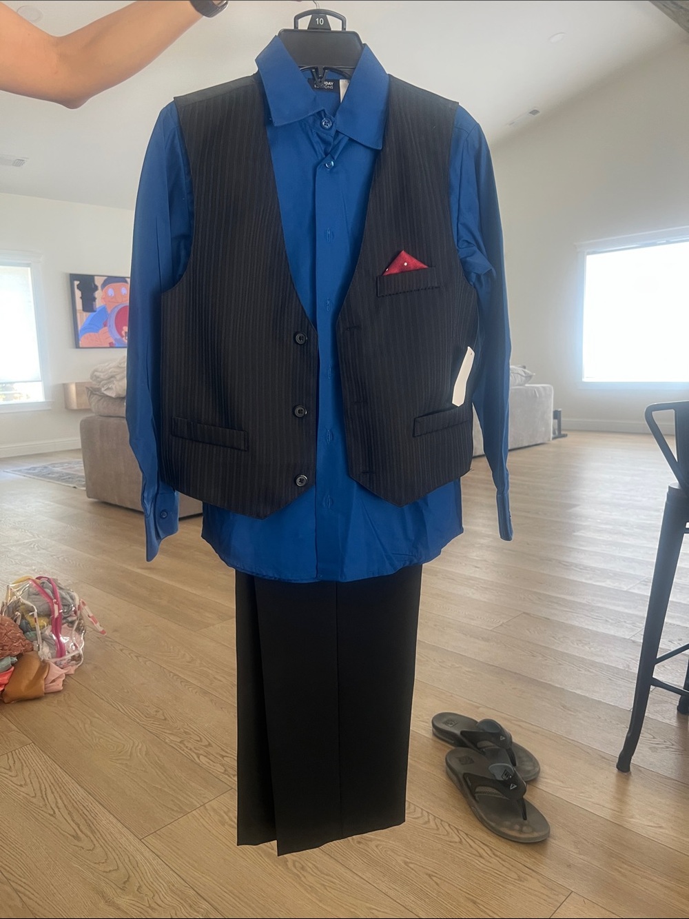 Holiday Editions Black Pinstripe Vest with Blue Shirt and Red Pocket Square
